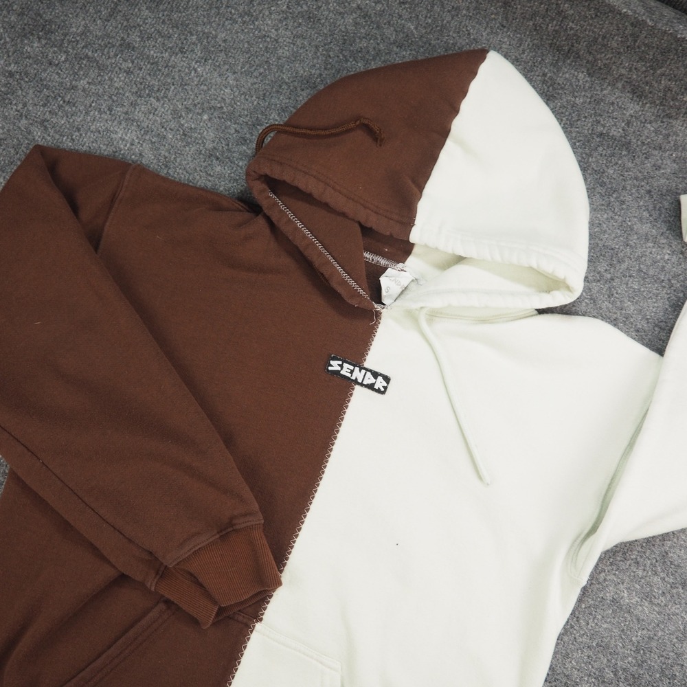 SENDR Hoodie Mens Small Brown Cream Half & Half Split Pullover Streetwear